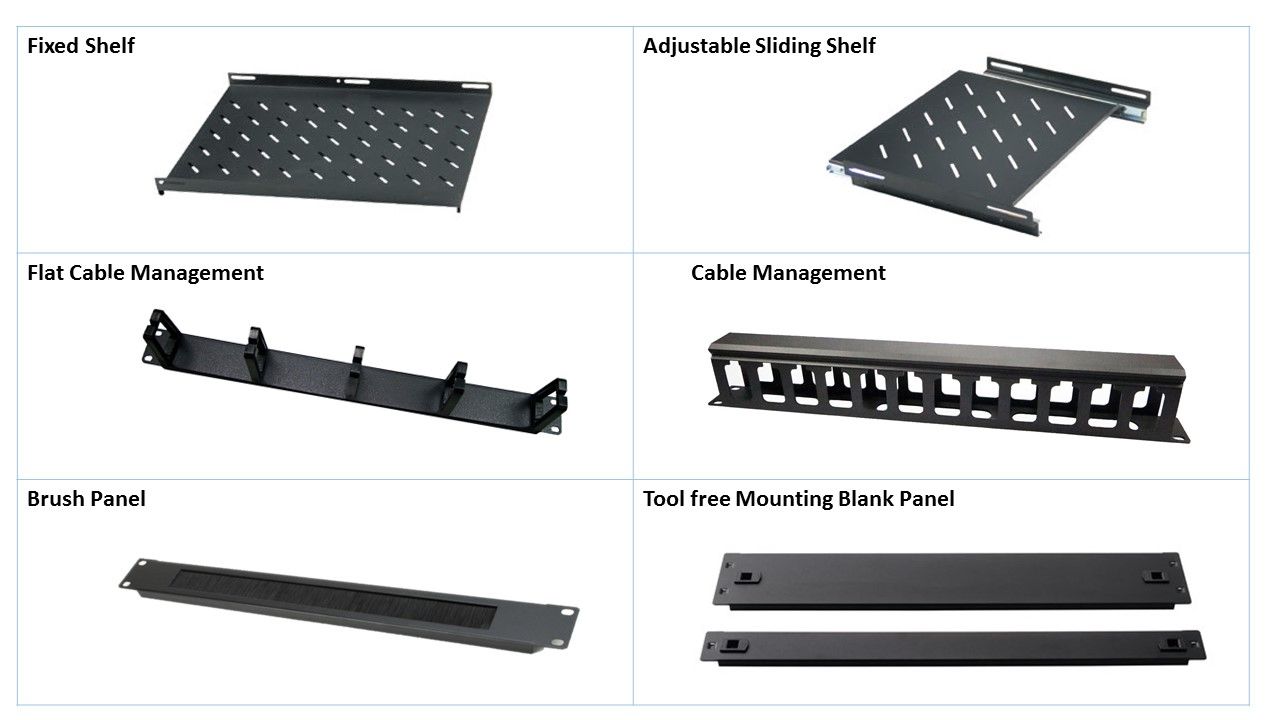 متعلقات رک شبکه و رک سروی که شامل سینی ثابت و سینی متجرک - ترمینال پاور - فن - نگهدارنده کابل و ... می باشد.